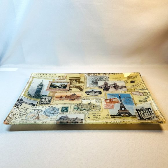 Vintage Postcard Photo Glass Tray Reverse Decorated Italy France Fringe 12” - Picture 6 of 9